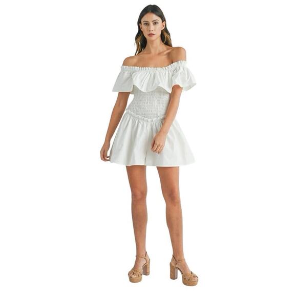 Mable JILL RUFFLED OFF THE SHOURDER ROMPER White Women’s Sz M Cottagecore Bride - Picture 2 of 10